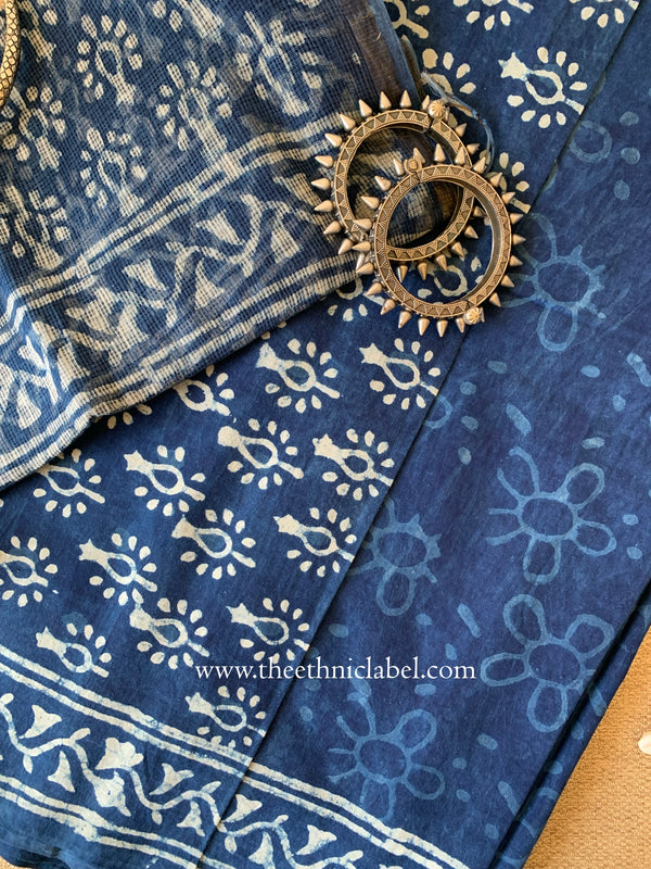 Indigo Unstitched Suit Set with Doria Dupatta- 3pc