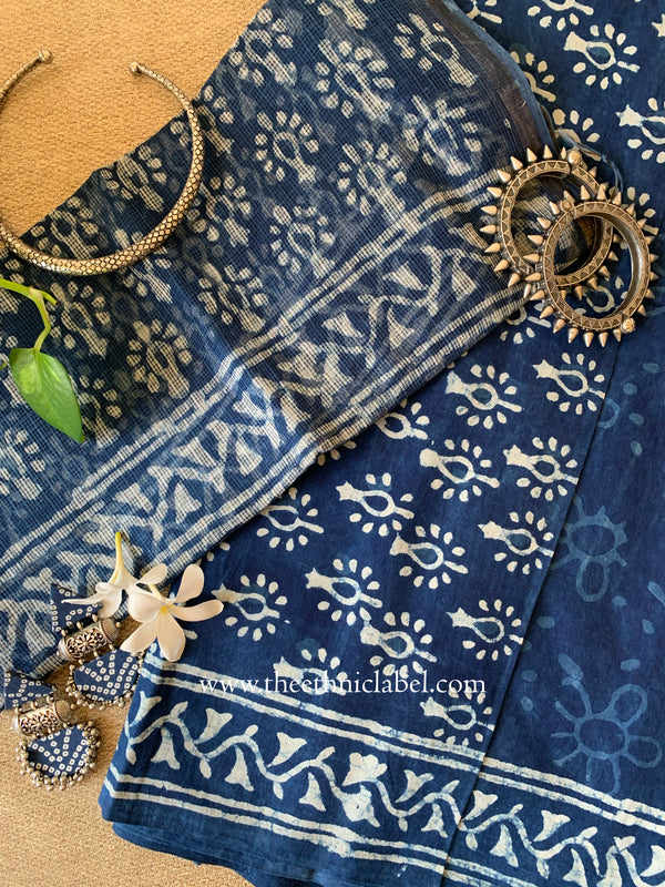 Indigo Unstitched Suit Set with Doria Dupatta- 3pc