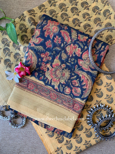 Dark Blue  Jaal Unstitched Chanderi Suit Set with Dupatta-3pc