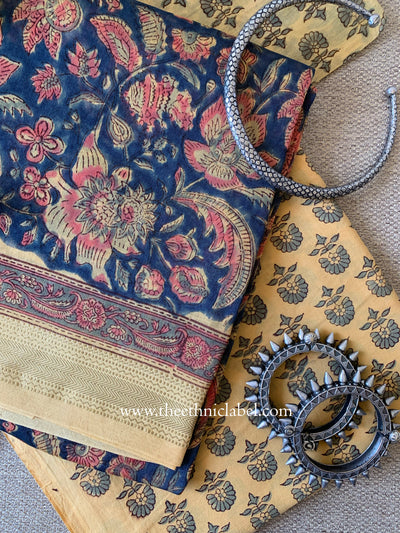 Dark Blue  Jaal Unstitched Chanderi Suit Set with Dupatta-3pc