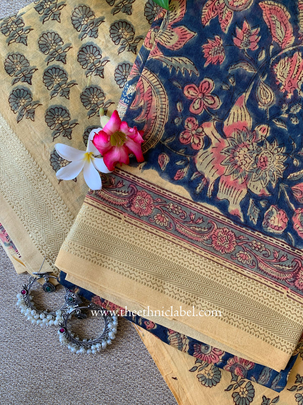 Dark Blue  Jaal Unstitched Chanderi Suit Set with Dupatta-3pc