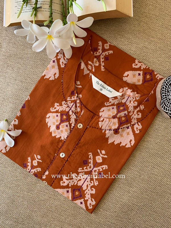 "Aekta" Rust Printed Cotton kurta