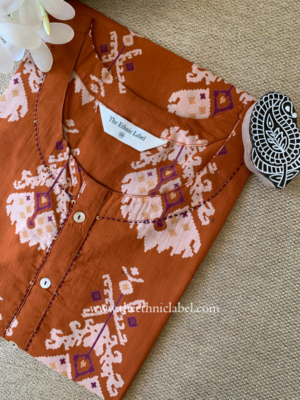 "Aekta" Rust Printed Cotton kurta