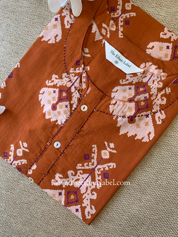 "Aekta" Rust Printed Cotton kurta