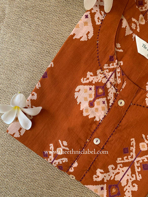 "Aekta" Rust Printed Cotton kurta