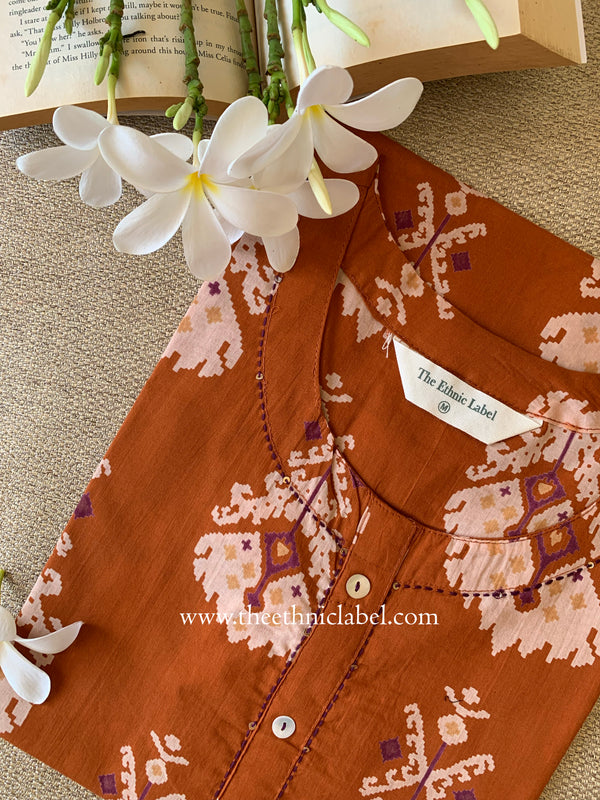 "Aekta" Rust Printed Cotton kurta