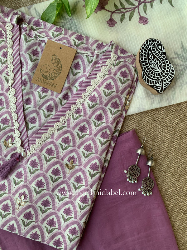 Argha Lavender Cotton Kurta Set with Doria Dupatta(3pc)