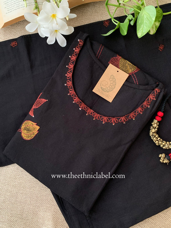 "Nargis" Black Embroidered Cotton Kurta Set with Cotton Dupatta(3pc)