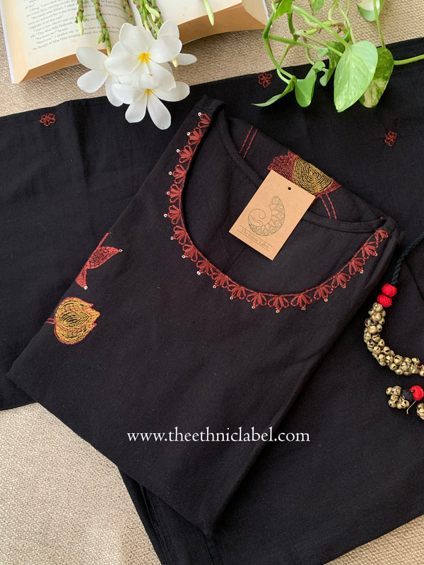 "Nargis" Black Embroidered Cotton Kurta Set with Cotton Dupatta(3pc)
