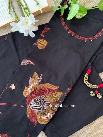 "Nargis" Black Embroidered Cotton Kurta Set with Cotton Dupatta(3pc)