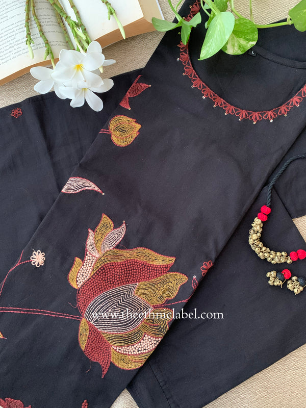 "Nargis" Black Embroidered Cotton Kurta Set with Cotton Dupatta(3pc)