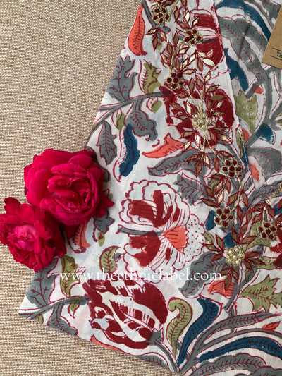 "Yogita" Hand Embroidered Block Printed Cotton kurta
