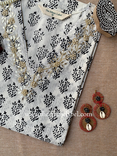"Maria" Hand Embroidered Block Printed Cotton kurta