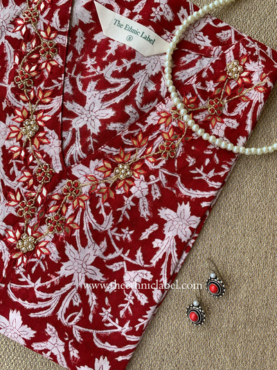 "Ruby" Hand-embroidered Block Print Cotton kurta