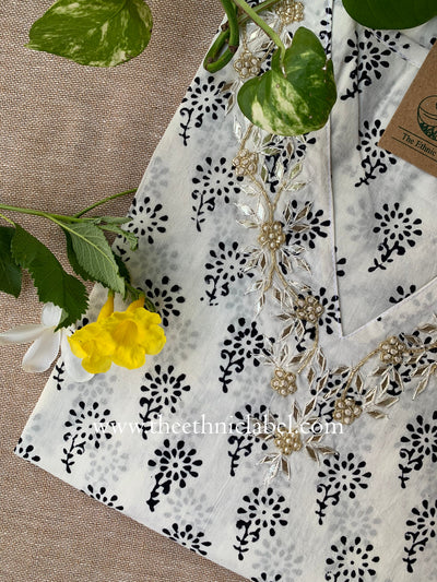 Rashmi Hand Embroidered Block Printed Cotton kurta. - M,XL