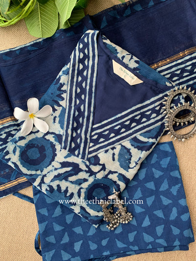 "Rooh" Indigo Block Printed Chanderi Suit Set(3pc)