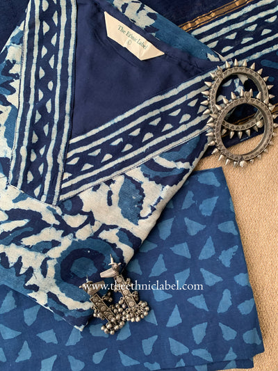 "Rooh" Indigo Block Printed Chanderi Suit Set(3pc)