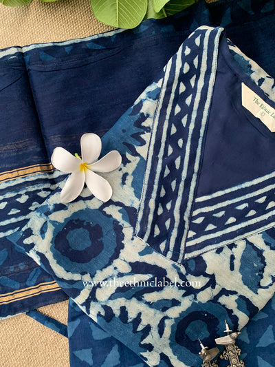 "Rooh" Indigo Block Printed Chanderi Suit Set(3pc)