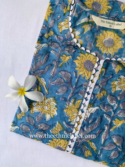 Blue Floral Bird Cotton Kurta