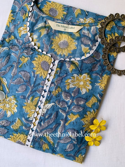 Blue Floral Bird Cotton Kurta