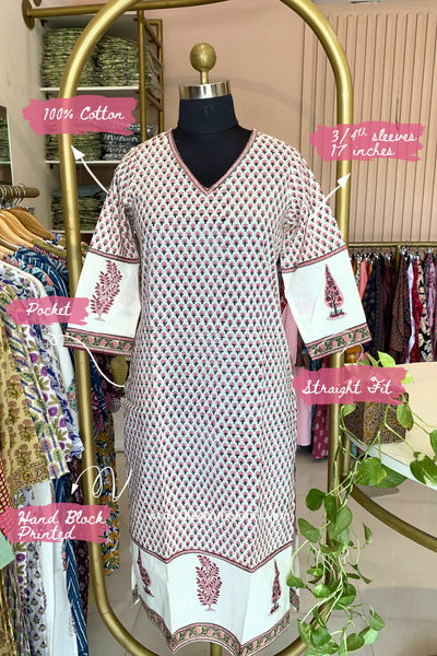"Mira" Hand Block Printed White Cotton Kurta