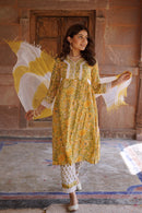 Yellow 'Youthful' Laced Cotton Kurta and pants set - 3pc