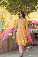 "Vihana" Hand Block Printed Scalloped Cotton kurta Set (3pc)