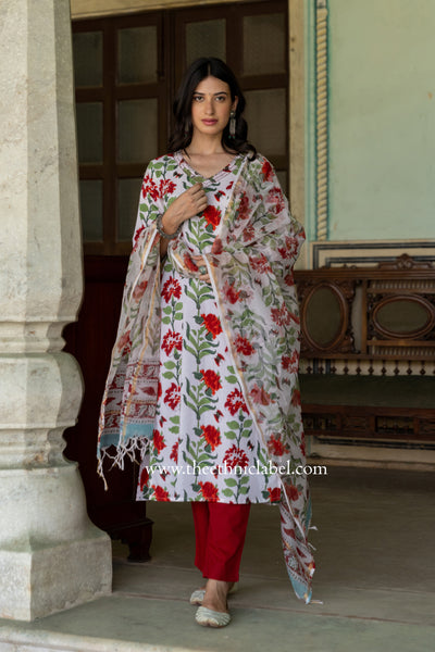 "Kasturi" Cotton Kurta Set with Kota Doria Dupatta(3pc)