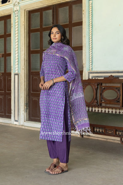 "Dori" hand Block Printed Cotton kurta set with Dupatta & Afghan Pants - 3pc