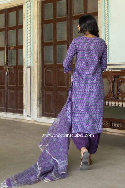 "Dori" hand Block Printed Cotton kurta set with Dupatta & Afghan Pants - 3pc