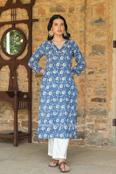 "Baadal" Indigo Hand Block Printed Cotton kurta