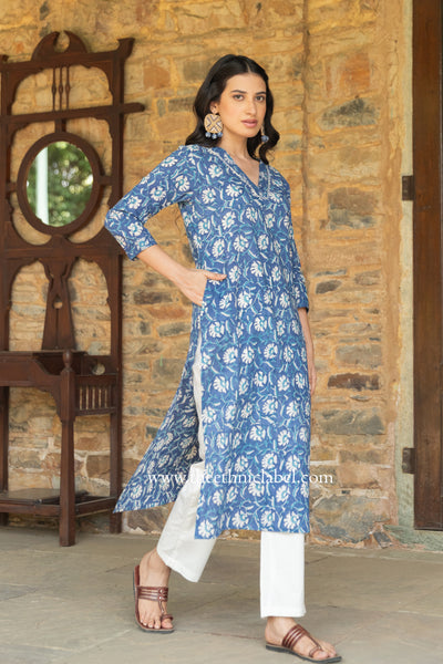 "Baadal" Indigo Hand Block Printed Cotton kurta