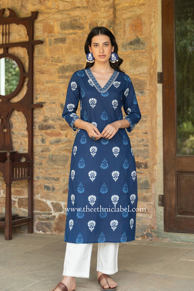 "Madhavi" Indigo Hand Embroidered Cotton kurta