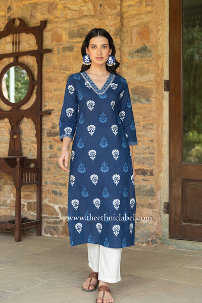 "Madhavi" Indigo Hand Embroidered Cotton kurta