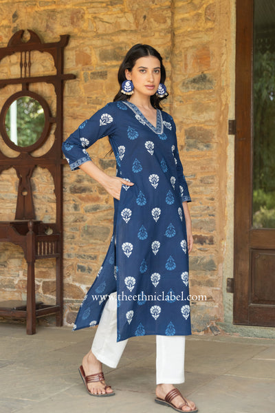 "Madhavi" Indigo Hand Embroidered Cotton kurta