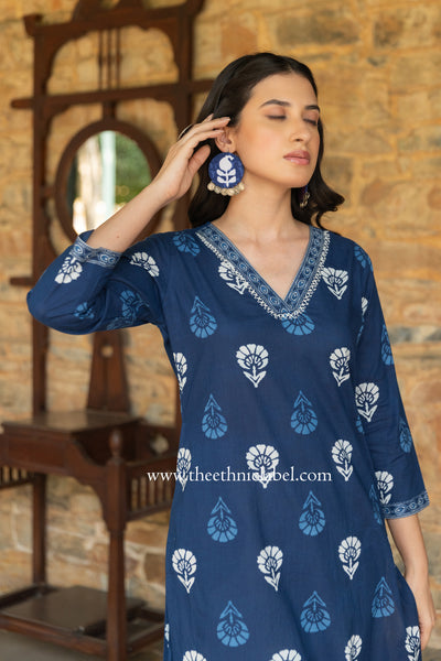 "Madhavi" Indigo Hand Embroidered Cotton kurta