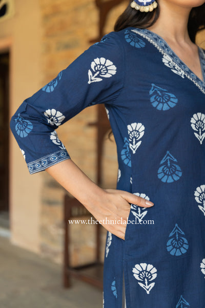 "Madhavi" Indigo Hand Embroidered Cotton kurta