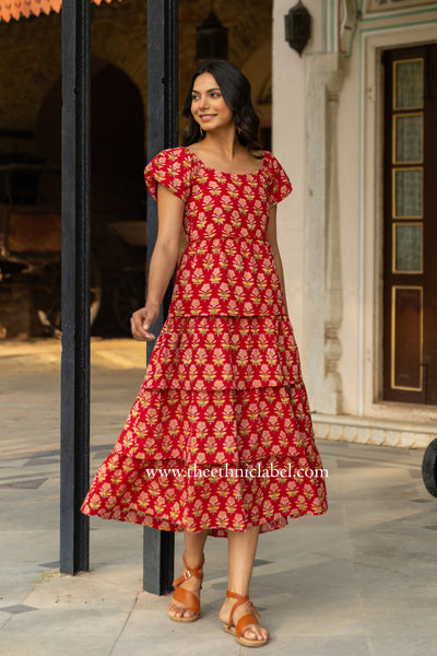 "Penang" Frilled Hand Block Printed Red Cotton Dress