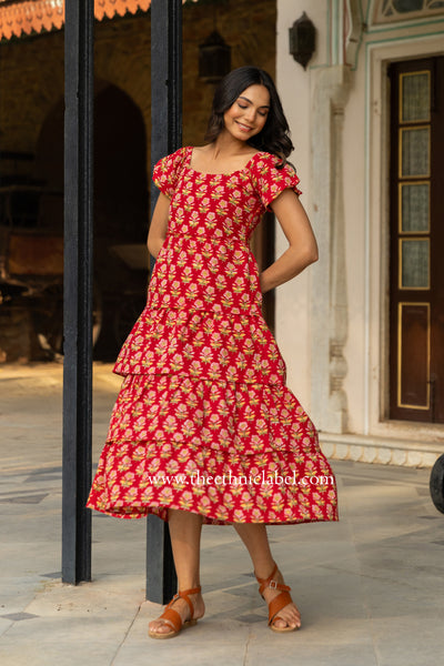 "Penang" Frilled Hand Block Printed Red Cotton Dress