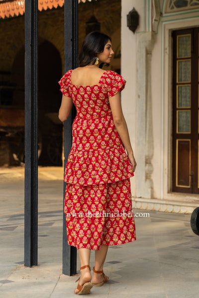 "Penang" Frilled Hand Block Printed Red Cotton Dress