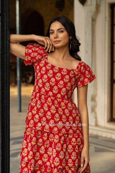 "Penang" Frilled Hand Block Printed Red Cotton Dress