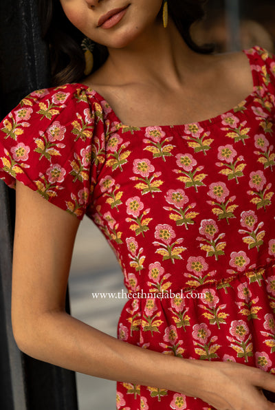 "Penang" Frilled Hand Block Printed Red Cotton Dress