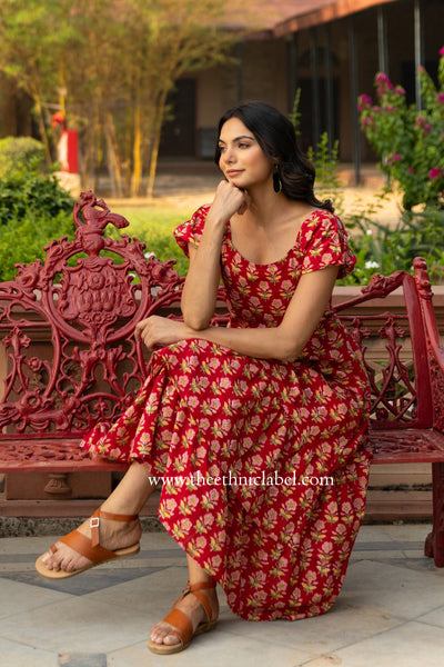 "Penang" Frilled Hand Block Printed Red Cotton Dress