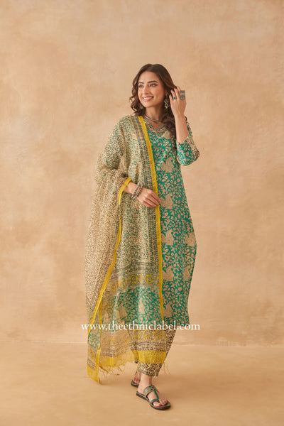 "Vanabhaa" Bagru Cotton Kurta Set with Kota Doria Dupatta (3pc)