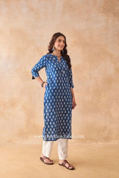 "Rangbhoomi" Indigo Block Printed Cotton kurta