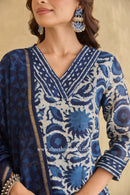 "Rooh" Indigo Hand Block Printed Chanderi Suit Set (3pc)