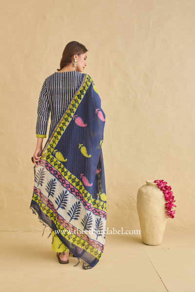 "Nilofar" Indigo Hand Block Printed Chanderi Suit Set (3pc)