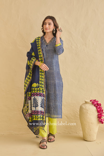"Nilofar" Indigo Hand Block Printed Chanderi Suit Set (3pc)