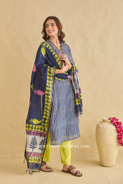 "Nilofar" Indigo Hand Block Printed Chanderi Suit Set (3pc)