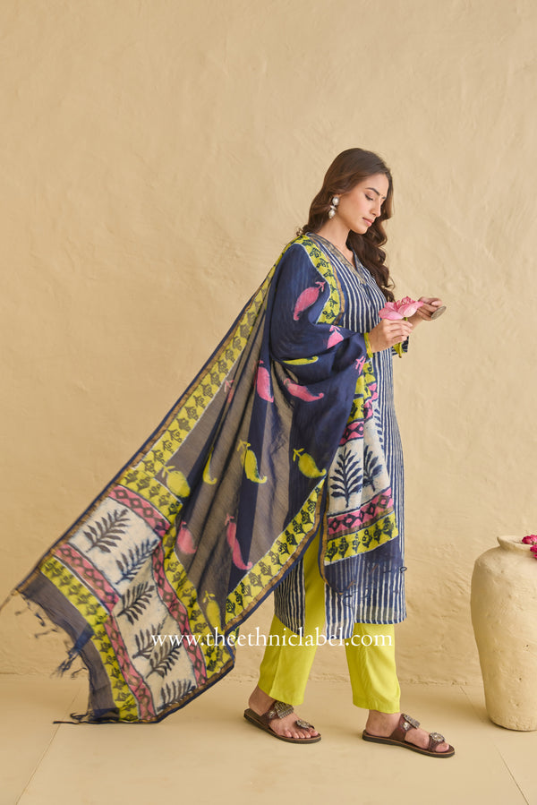 "Nilofar" Indigo Hand Block Printed Chanderi Suit Set (3pc)